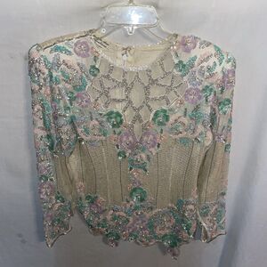 Judith Ann Creations Vintage Dressy Blouse Size Small Ivory Sequined Pearl Silk